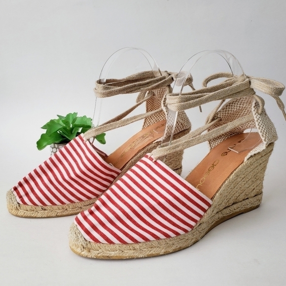 Andre Assous Striped Wedge Lace Up Espadrille Red White Size 10 New - Picture 4 of 13